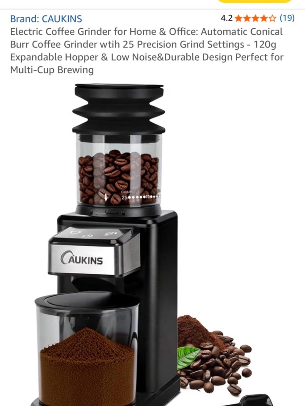 CAUKINS Electric Coffee Grinder - Black with Clear Hopper